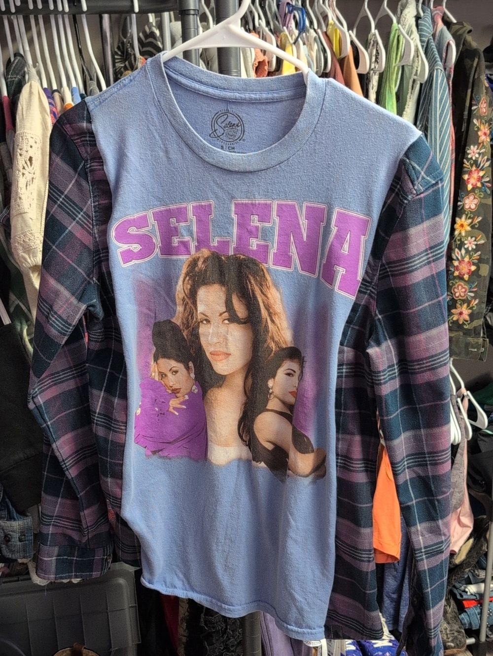 Selena Upcycled Graphic Tee With Flannel Sleeves One Of One